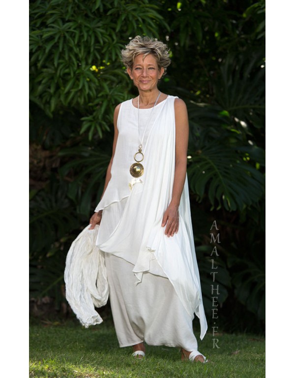 White mixed silk bridal asymmetrical drape tunic