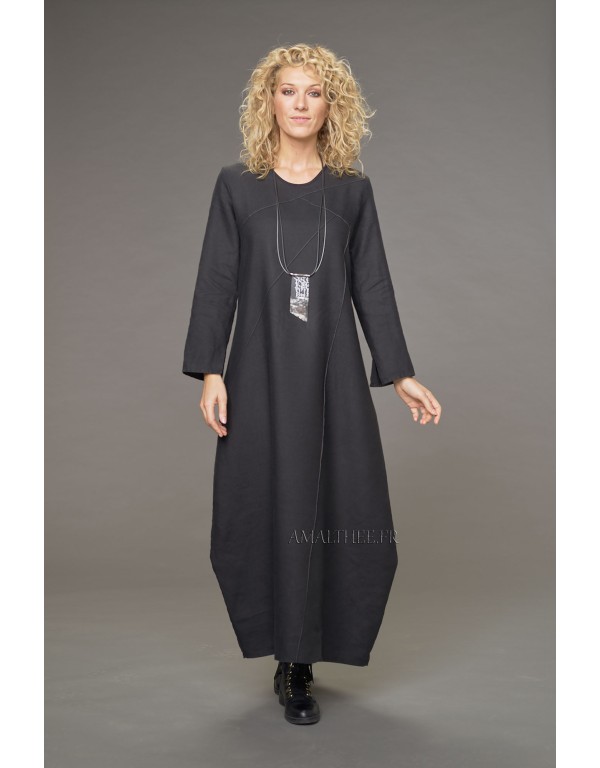 MANON TOPSTICHED BLACK LINEN DRESS
 Size-Taille 1