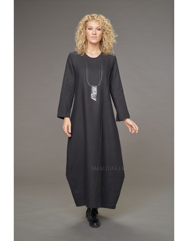 MANON TOPSTICHED BLACK LINEN DRESS