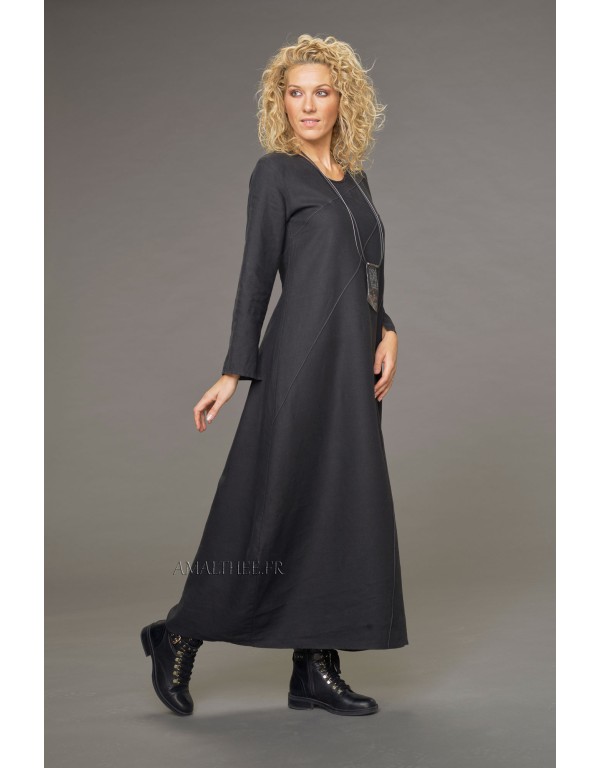 MANON TOPSTICHED BLACK LINEN DRESS