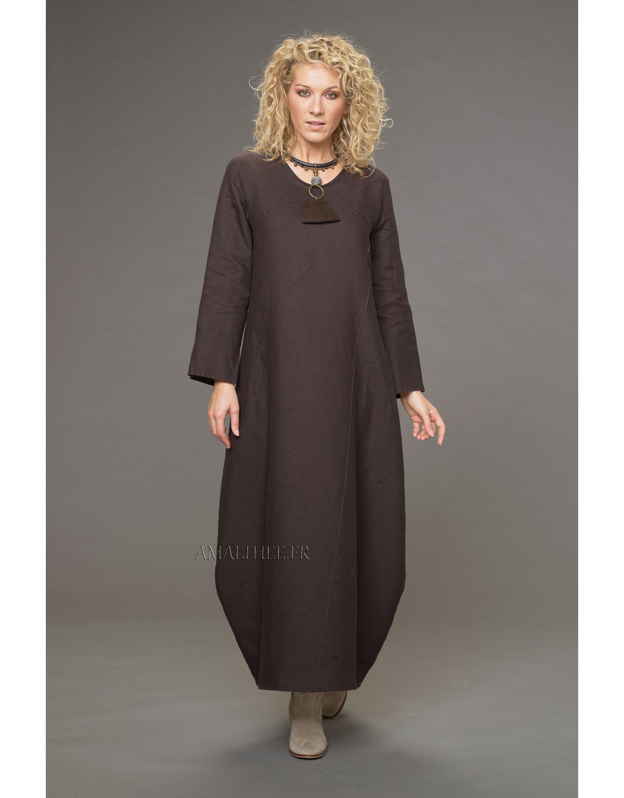 MANON TOPSTITCHED CHOCOLATE LINEN DRESS
