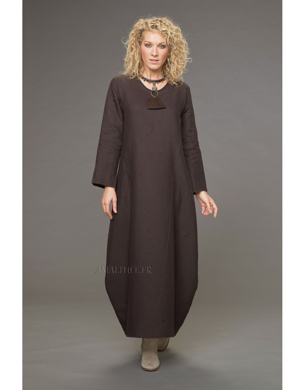 MANON TOPSTITCHED CHOCOLATE LINEN DRESS