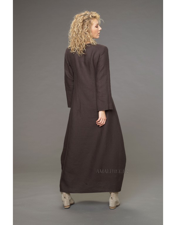 MANON TOPSTITCHED CHOCOLATE LINEN DRESS