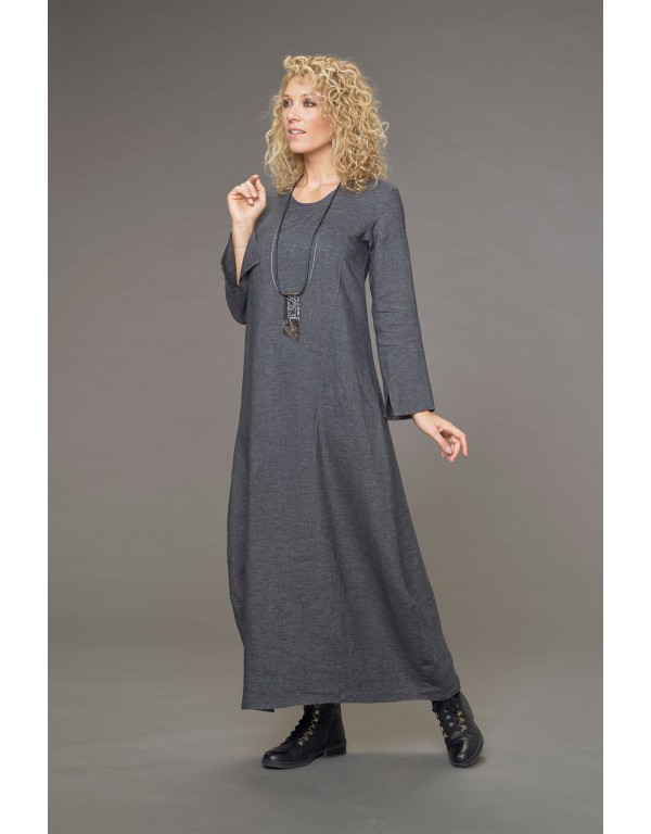 MANON TOPSTITCHED SLATE GRAY LINEN DRESS