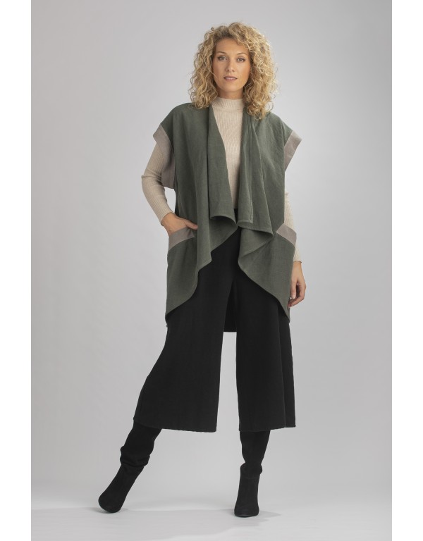 TWO-TONE SLEEVELESS WOOL LINEN ALICE JACKET CARDIGAN ALMOND GREEN/GREY (WELDING 15 DAYS)