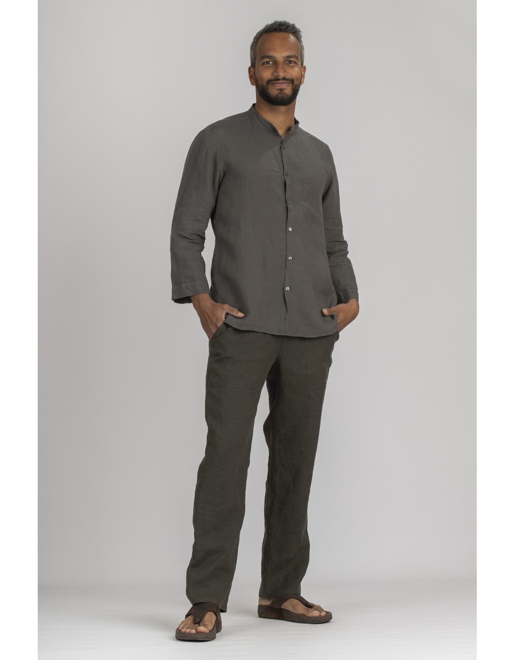 SOAN CHARCOAL GREY LINEN MAO COLLAR SHIRT