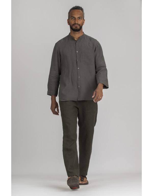 SOAN CHARCOAL GREY LINEN MAO COLLAR SHIRT