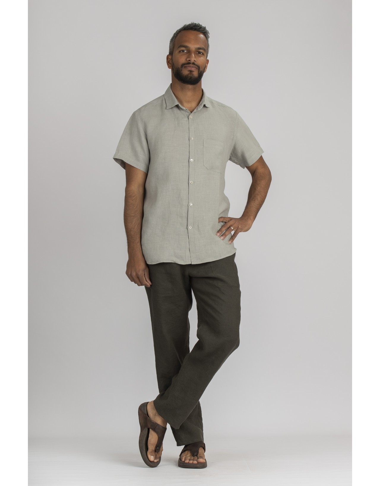 MATHIS SHORT SLEEVES WATER GREEN LINEN SHIRT