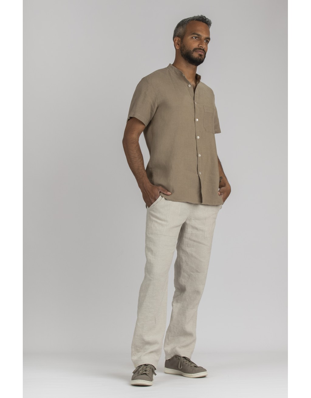 KHAKI BIEGE LINEN SOAN SHIRT WITH MAO COLLAR