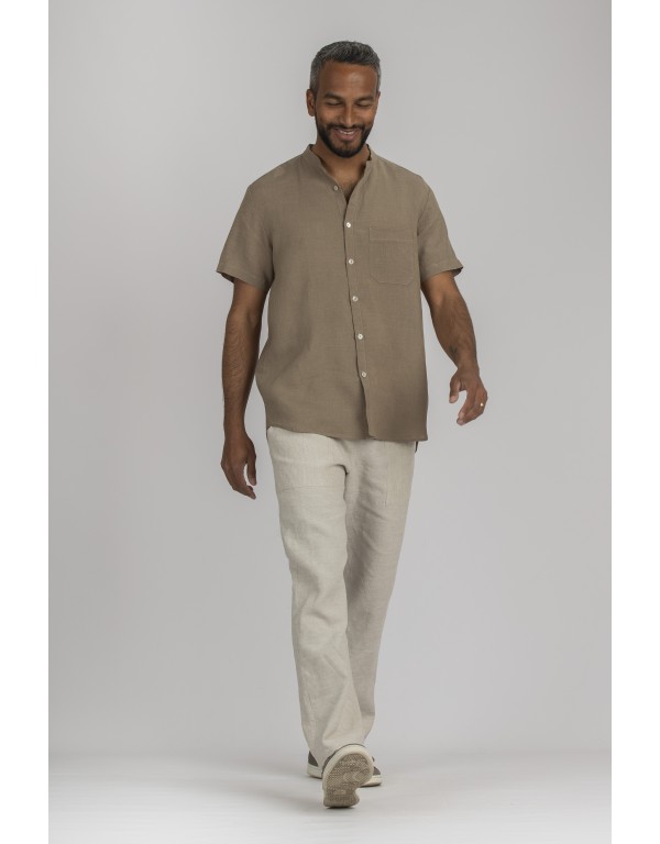 KHAKI BIEGE LINEN SOAN SHIRT WITH  MAO COLLAR