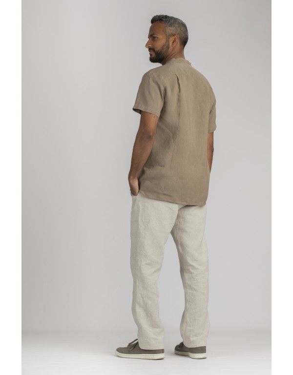 KHAKI BIEGE LINEN SOAN SHIRT WITH  MAO COLLAR