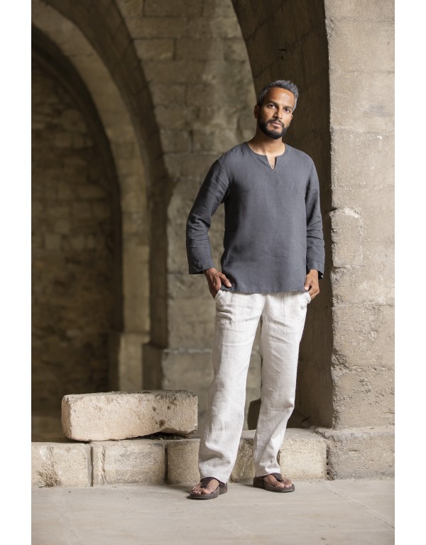 CHARCOAL GRAY LINEN TUNIC AND NATURAL COLOR LINEN PANTS