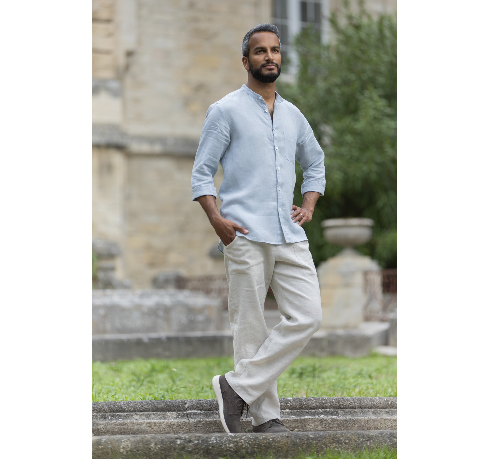 SOAN SHIRT IN LIGHT BLUE LINEN TUNIC SLEEVES AND LINEN PANTS