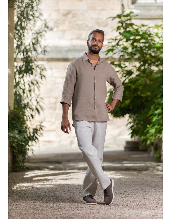 ARTHUR SHIRT WITH CLASSIC COLLAR IN BEIGE KAKI LINEN AND MATCHING TROUSERS