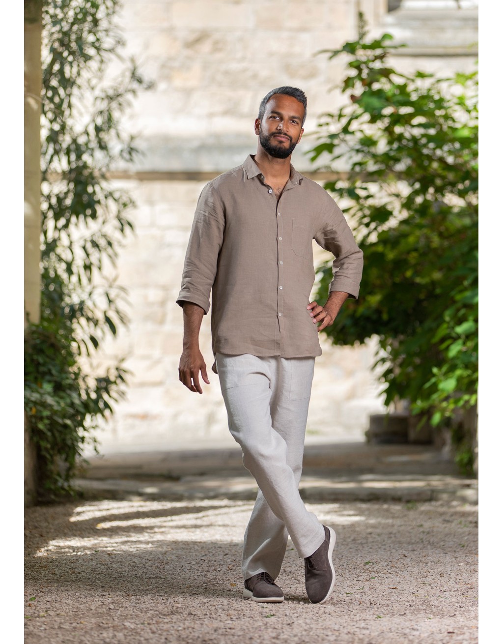 ARTHUR SHIRT WITH CLASSIC COLLAR IN BEIGE KAKI LINEN AND MATCHING TROUSERS