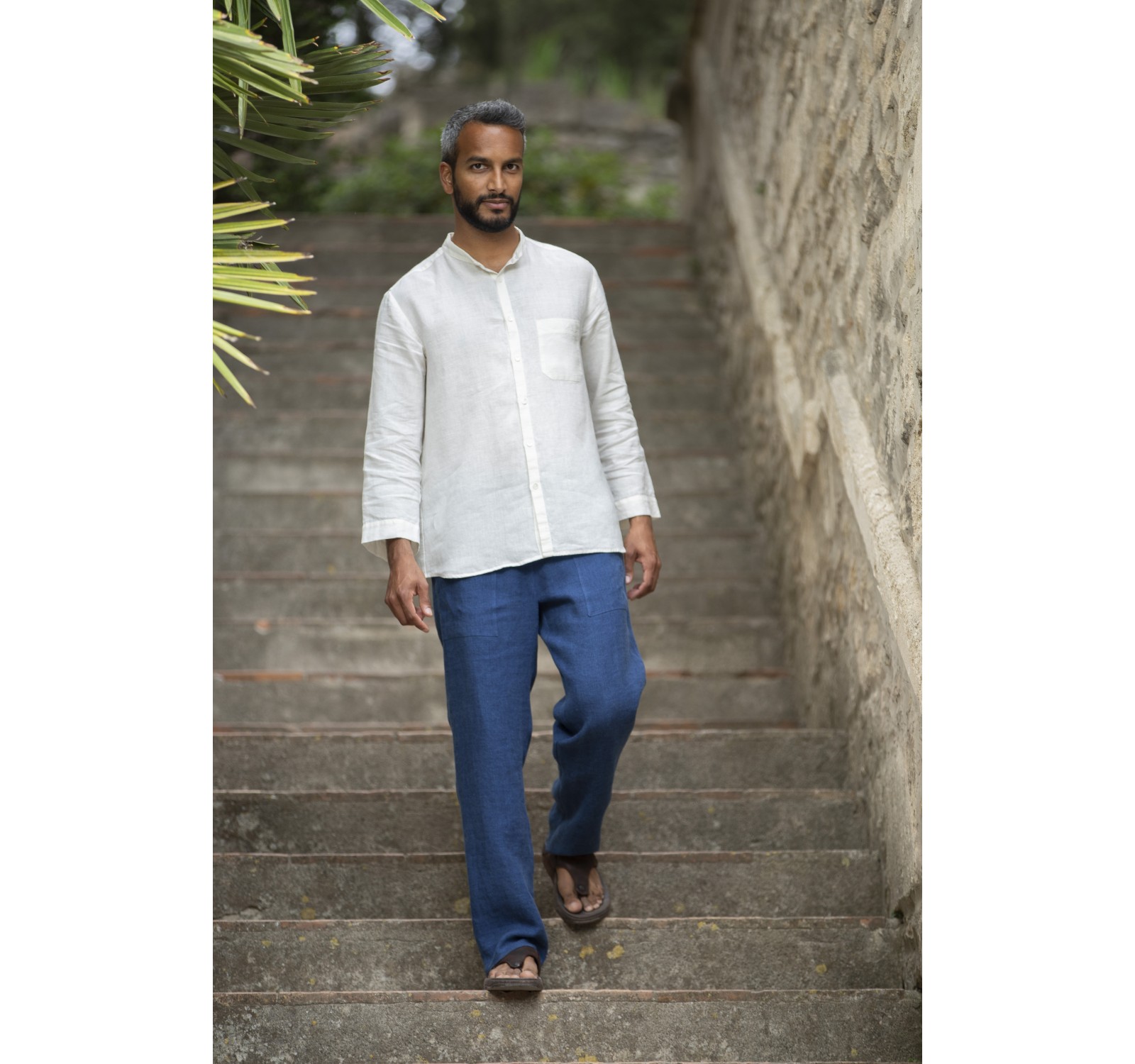 SOAN MAO COLLAR SHIRT IN WHITE LINEN AND MATCHING PANTS