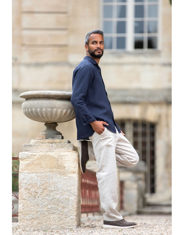 ARTHUR CLASSIC SHIRT IN NAVY BLUE LINEN AND MATCHING PANTS