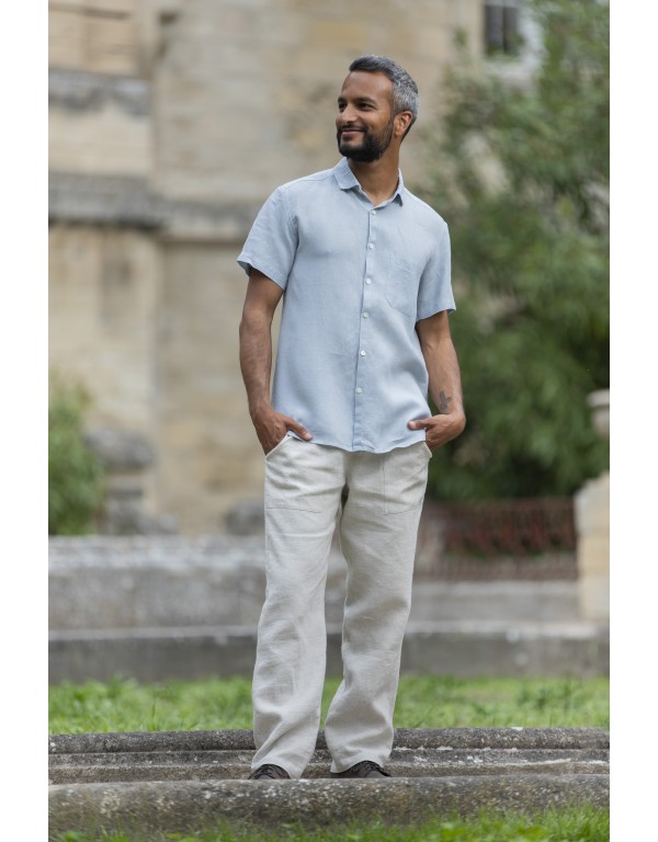 MATHIS SHORT SLEEVE LIGHT BLUE LINEN SHIRT AND LINEN PANTS