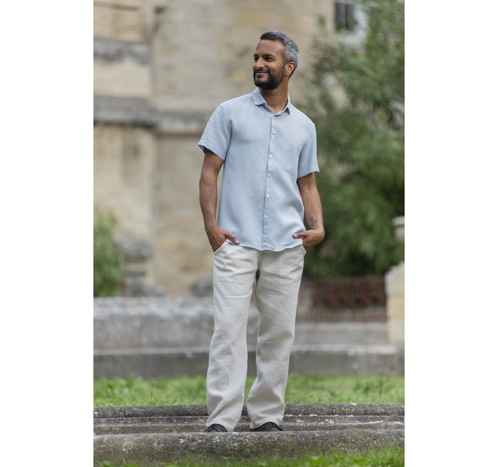 MATHIS SHORT SLEEVE LIGHT BLUE LINEN SHIRT AND LINEN PANTS