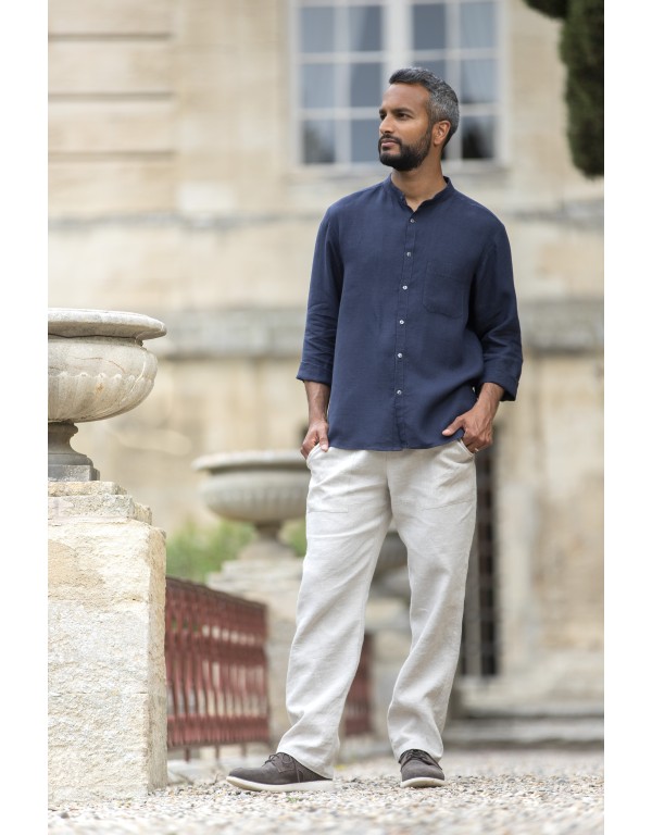 SOAN SHIRT WITH MAO COLLAR IN NAVY BLUE LINEN AND MATCHING TROUSERS