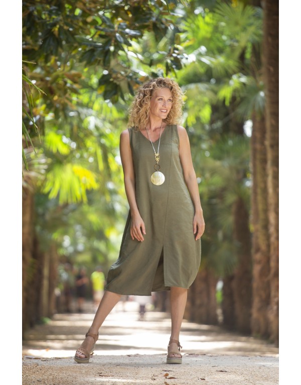 GREEN KAKI ELENA DRESS IN LINEN TENCEL