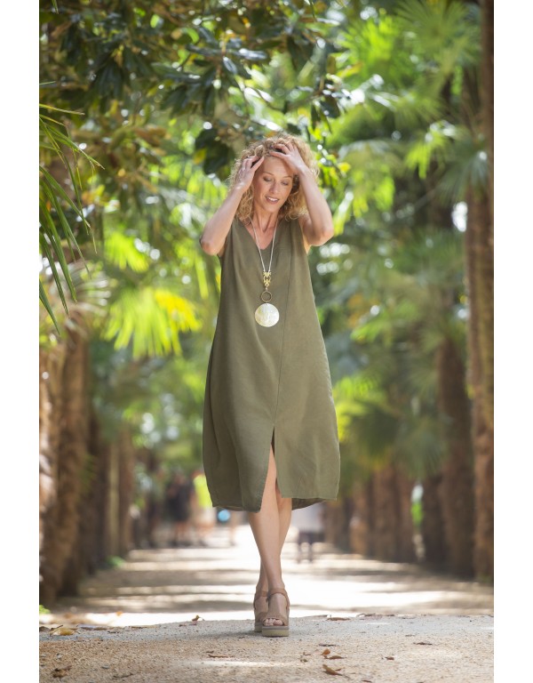 GREEN KAKI ELENA DRESS IN LINEN TENCEL