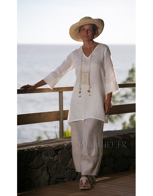 White summer linen tunic with dark natural linen pants