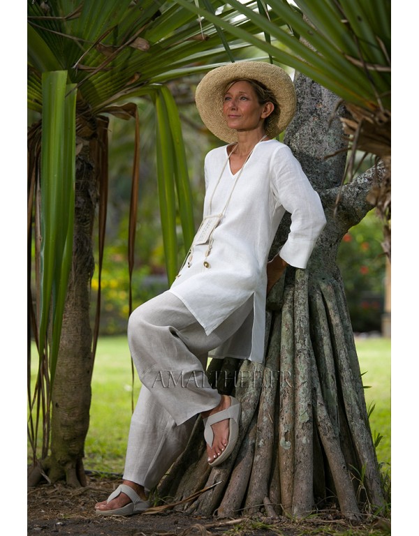 White summer linen tunic with dark natural linen pants