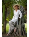 White summer linen tunic with dark natural linen pants