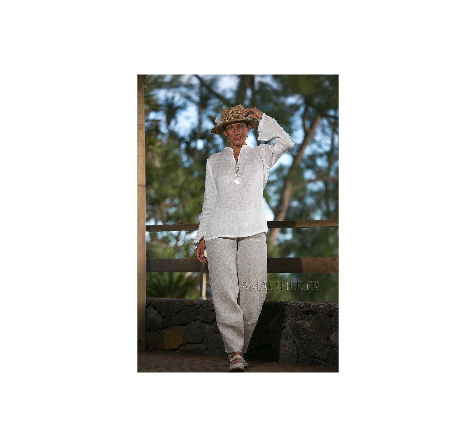 White linen blouse with oatmeal flax trousers