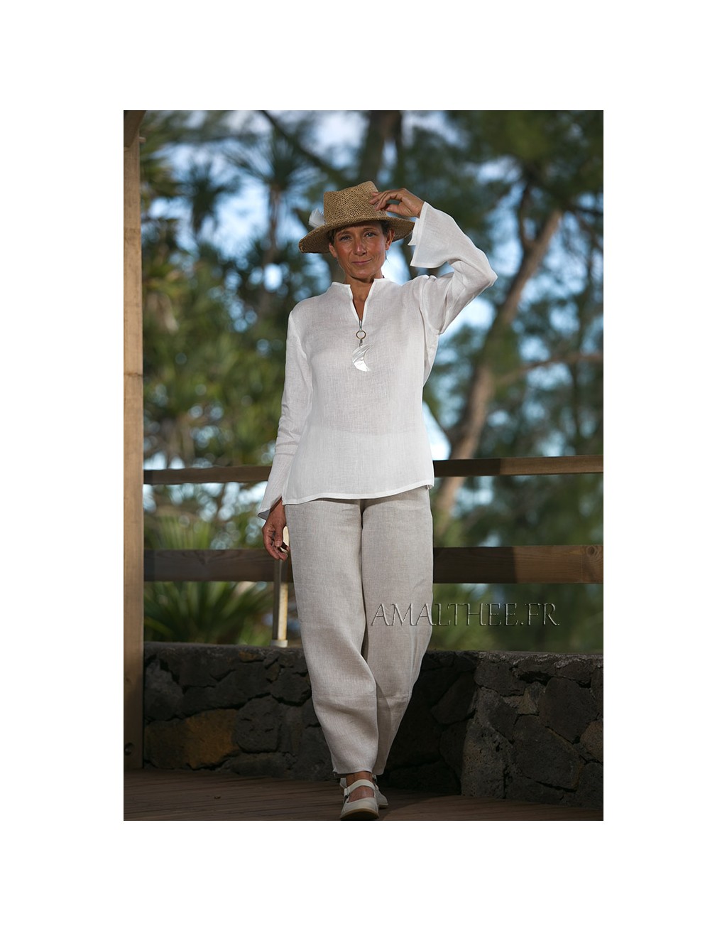 White linen blouse with oatmeal flax trousers