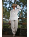 White linen blouse with oatmeal flax trousers