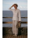 White linen blouse with oatmeal flax trousers