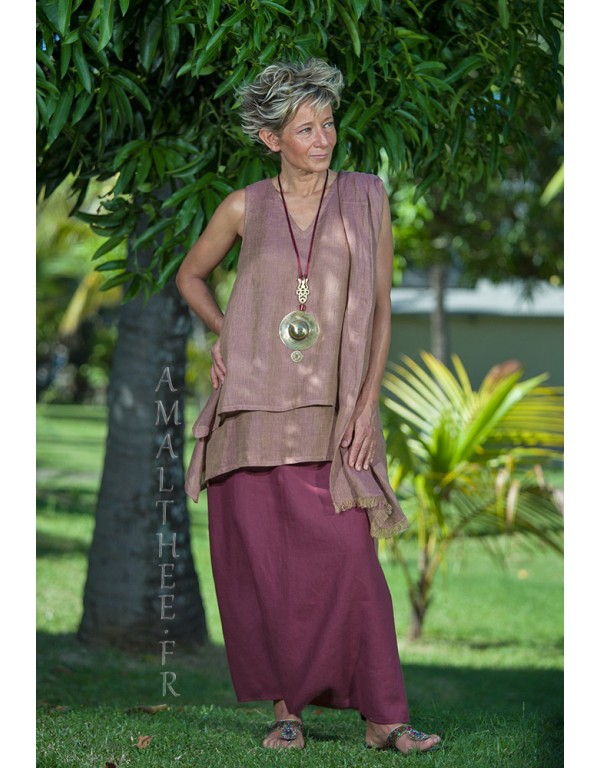 Rosewood linen gauze tunic with raspberry linen sarouel skirt