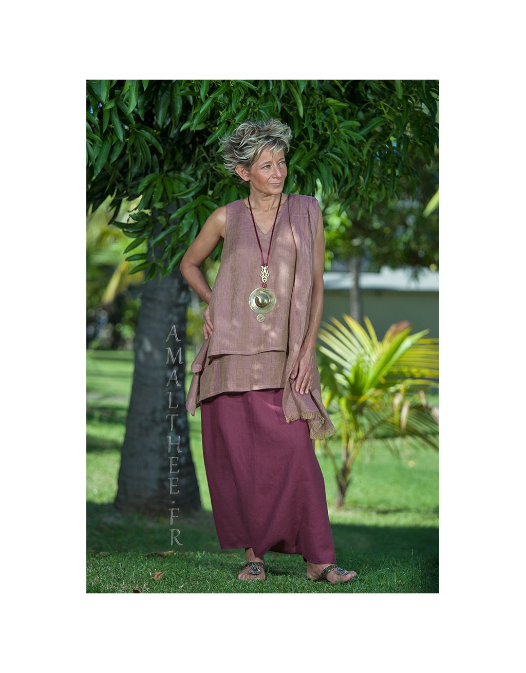 Rosewood linen gauze tunic with raspberry linen sarouel skirt