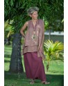 Rosewood linen gauze tunic with raspberry linen sarouel skirt