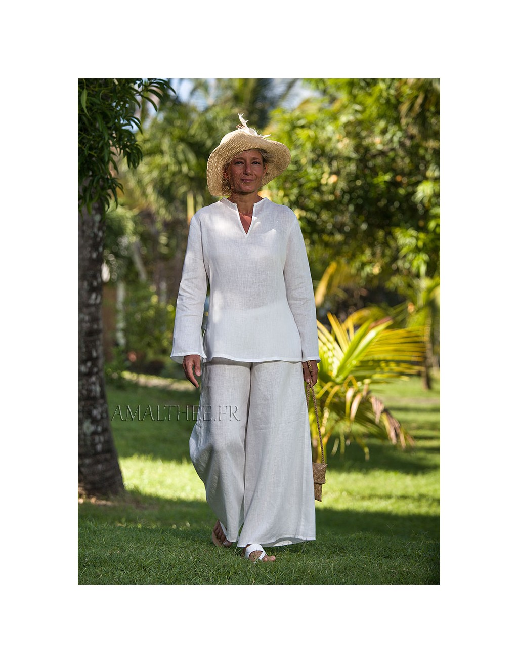 White linen tropical wedding outfit