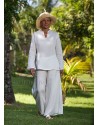 White linen tropical wedding outfit