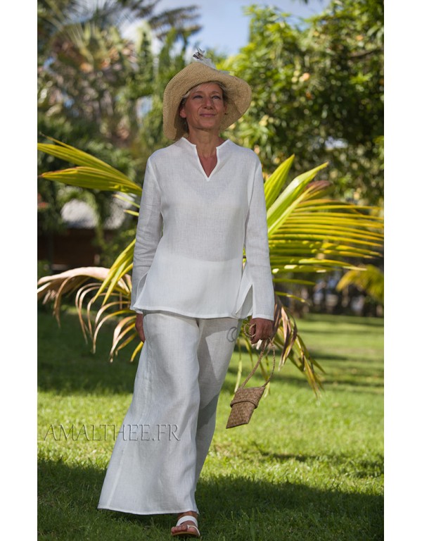 White linen tropical wedding outfit