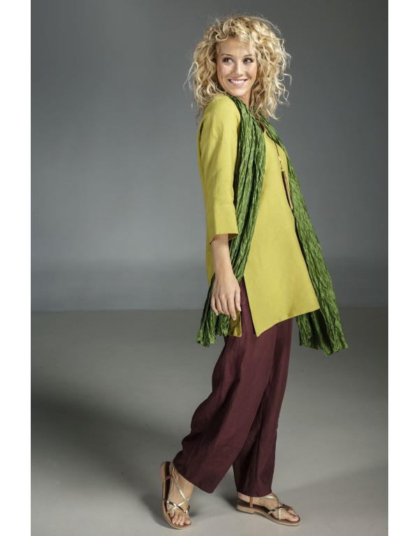 Linden green flax linen INDIE Tunic worn over a linen "Bulle" pants mahogany brown color