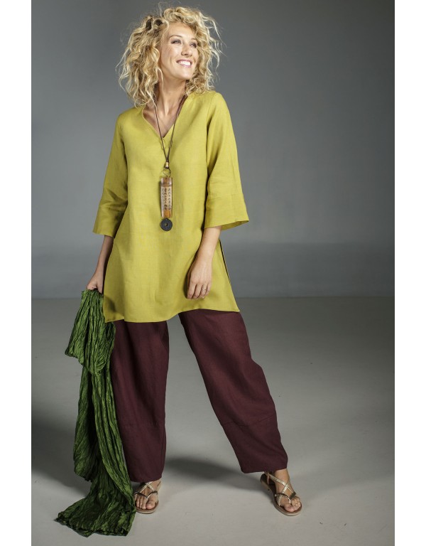 Linden green flax linen INDIE Tunic worn over a linen "Bulle" pants mahogany brown color