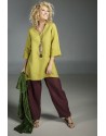 Linden green flax linen INDIE Tunic worn over a linen "Bulle" pants mahogany brown color