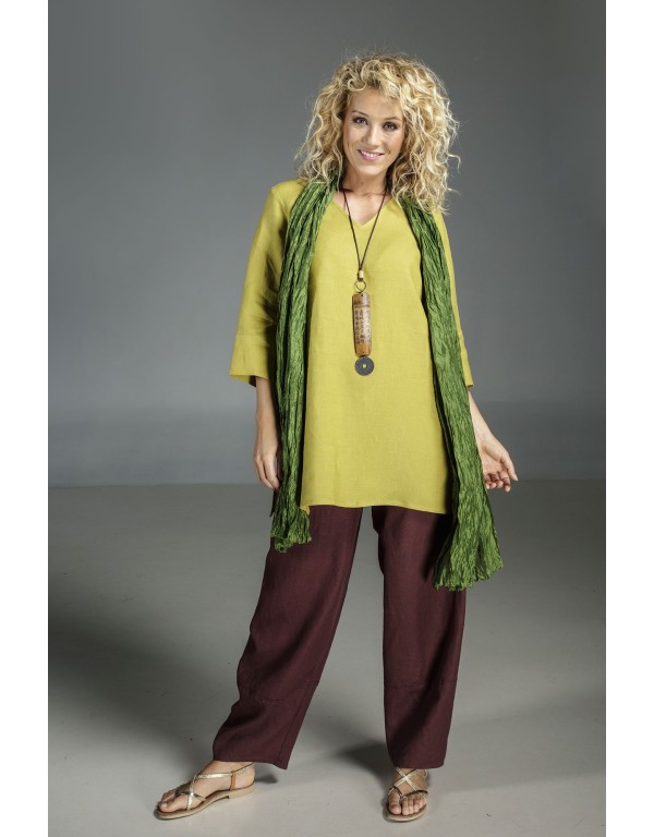 Linden green flax linen INDIE Tunic worn over a linen "Bulle" pants mahogany brown color