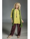 Linden green flax linen INDIE Tunic worn over a linen "Bulle" pants mahogany brown color