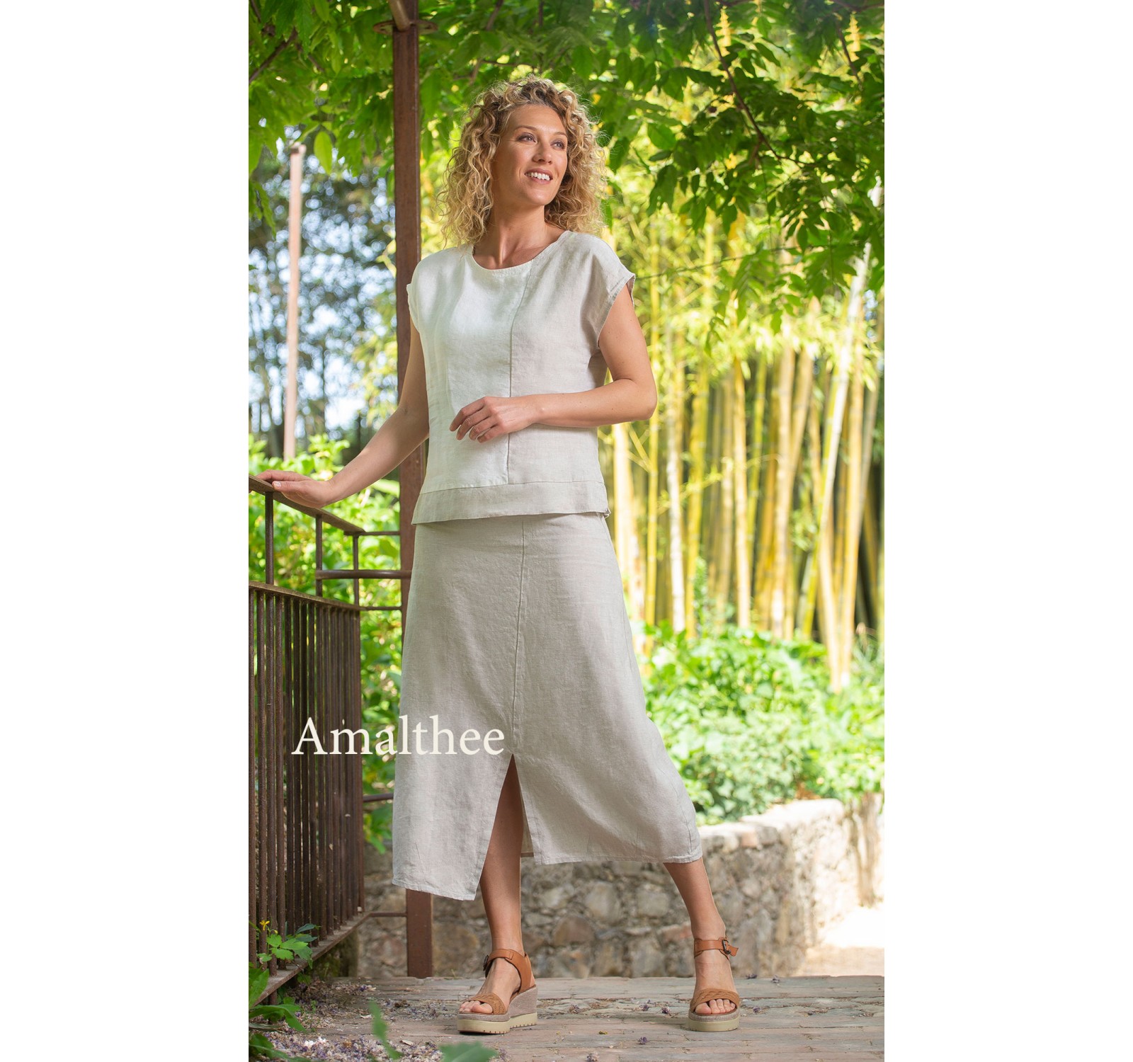 OFF WHITE OATMEAL TWO TONE LINEN AMBRE TOP   WITH OATMEAL LINEN BARBARA TROUSERS