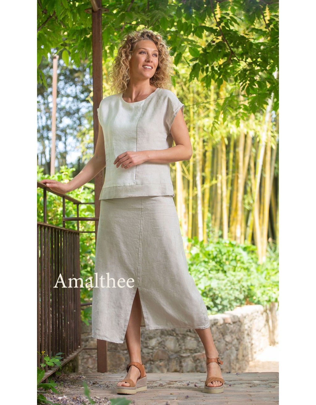 OFF WHITE OATMEAL TWO TONE LINEN AMBRE TOP   WITH OATMEAL LINEN BARBARA TROUSERS