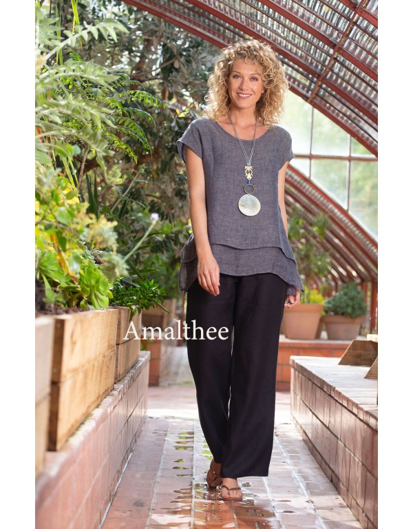 SELENE TOP IN SLATE GRAY LINEN VOILE WITH BARBARA STRAIGHT BLACK LINEN PANTS