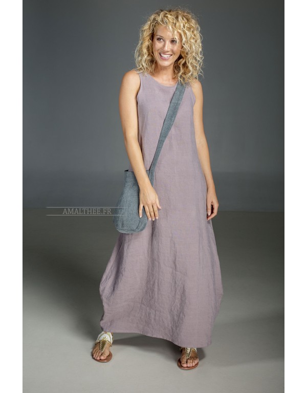 Long dress "OLGA" lavender colour made of stonewash linen and linen bag