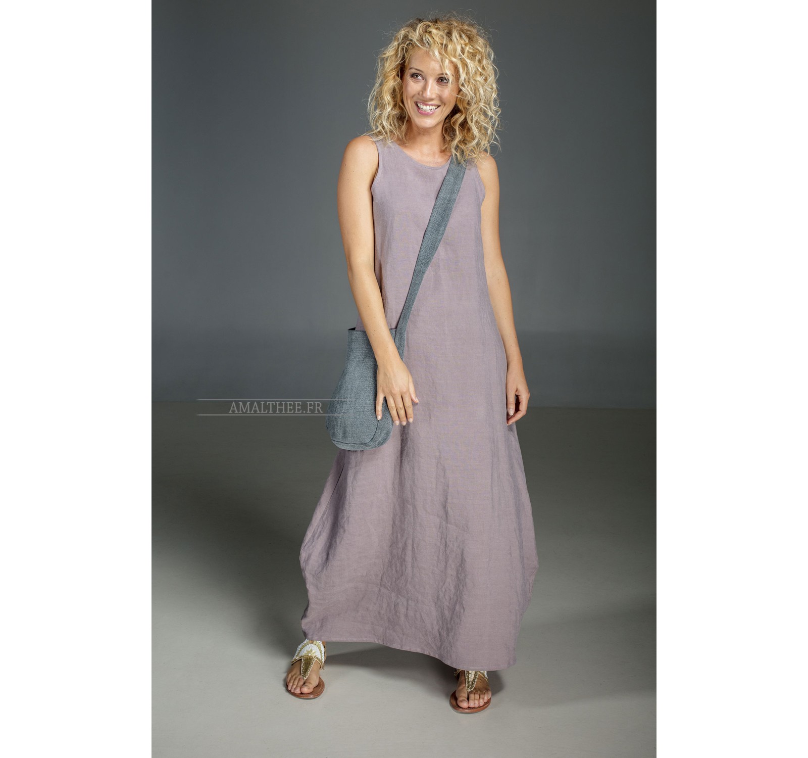 Long dress "OLGA" lavender colour made of stonewash linen and linen bag