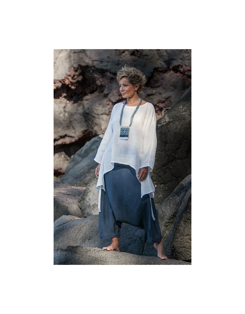 loose fit white fine linen top with a denim blue chambray linen harem pants (sarouel)